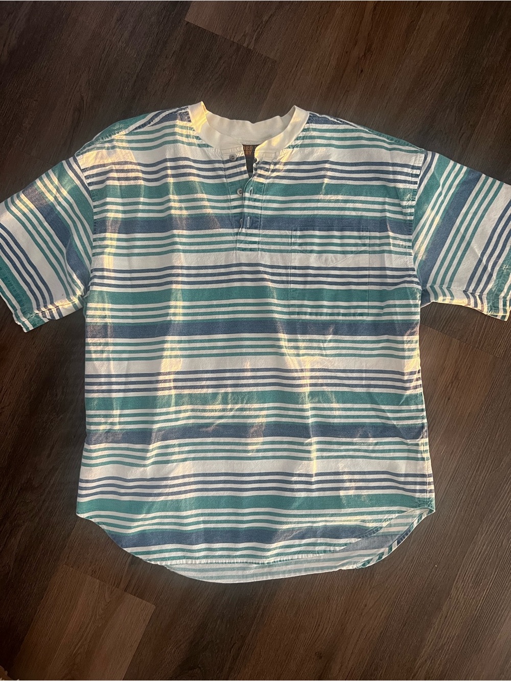 Vintage Faded Glory Striped Short-Sleeve Henley Shirt in Teal and White